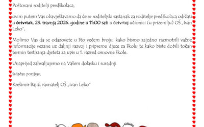 Obavijest – roditeljski sastanak za roditelje predškolaca