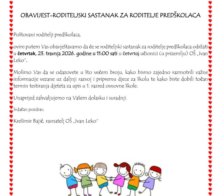 Obavijest – roditeljski sastanak za roditelje predškolaca